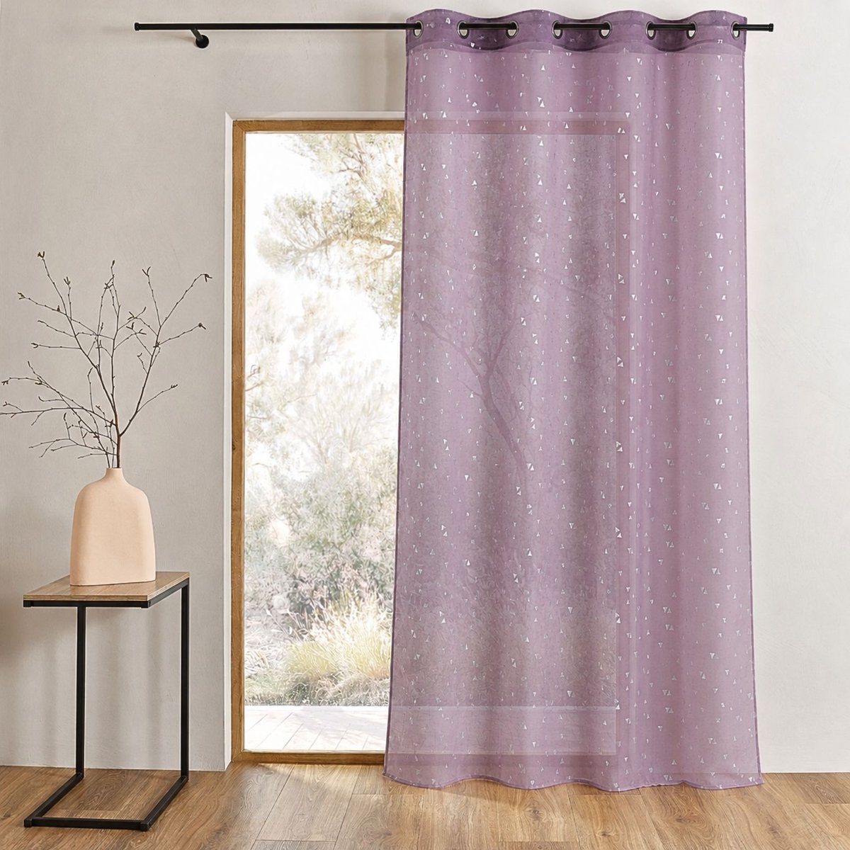 Voilage imprimé de petits triangles argentés violet parme, HOME MAISON