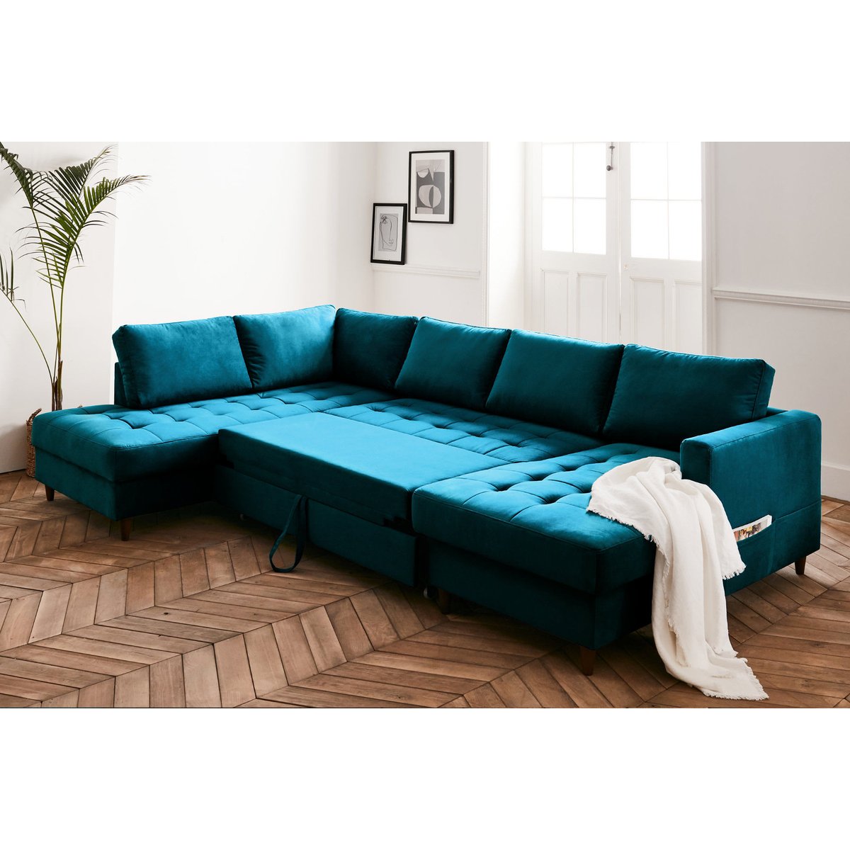Canapé d'Angle Convertible 7 places - ANNA bleu canard, BEST MOBILIER