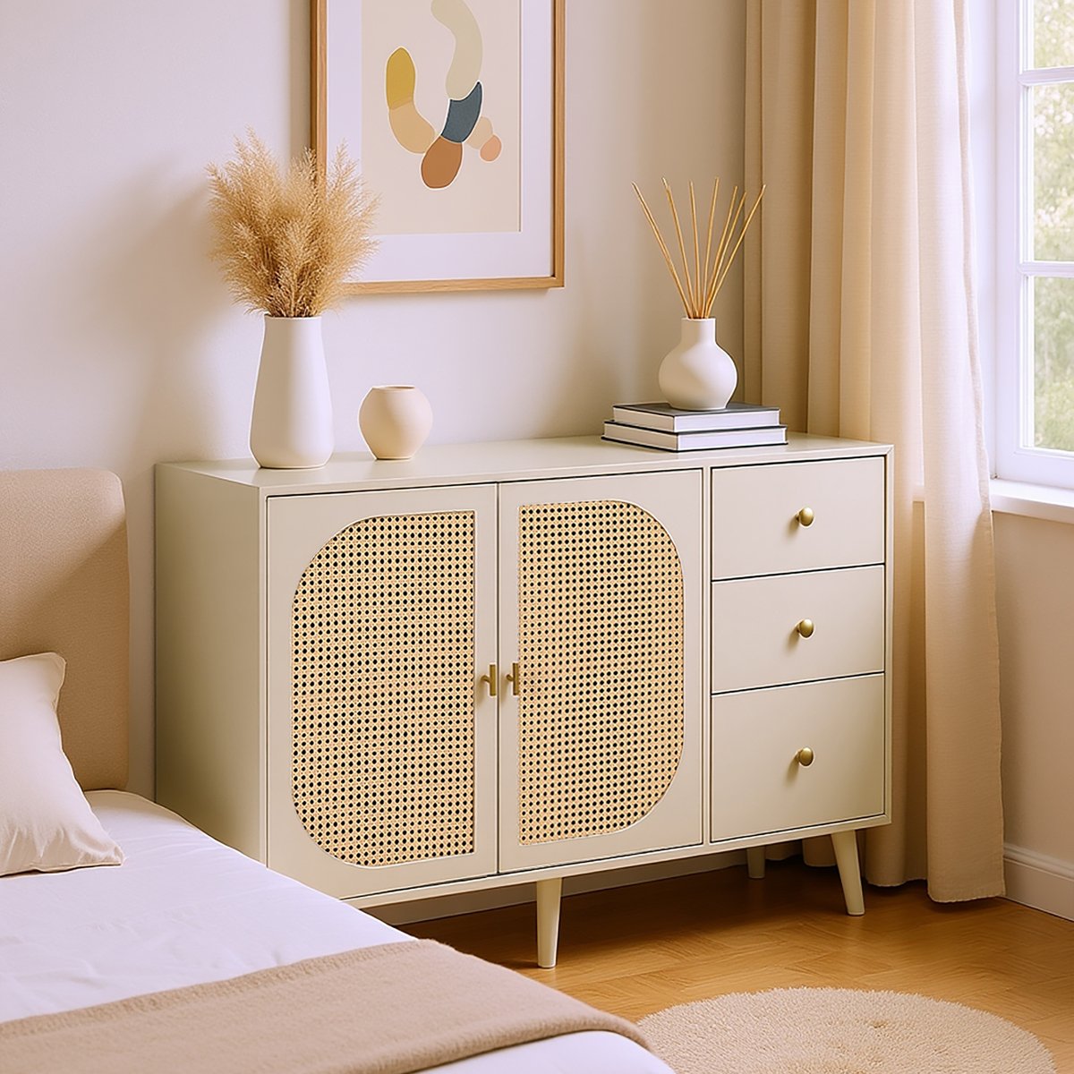 Armoire de rangement avec 2 portes 3 tiroirs et 6 couches, DAVEC Armoire crème, MEUBLES COSY