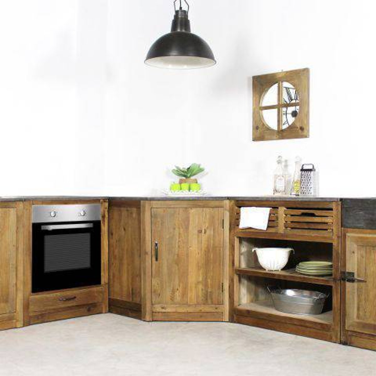 Meuble bas de cuisine en bois recyclé et pierre bleue CHAMPÊTRE bois clair, MADE IN MEUBLES