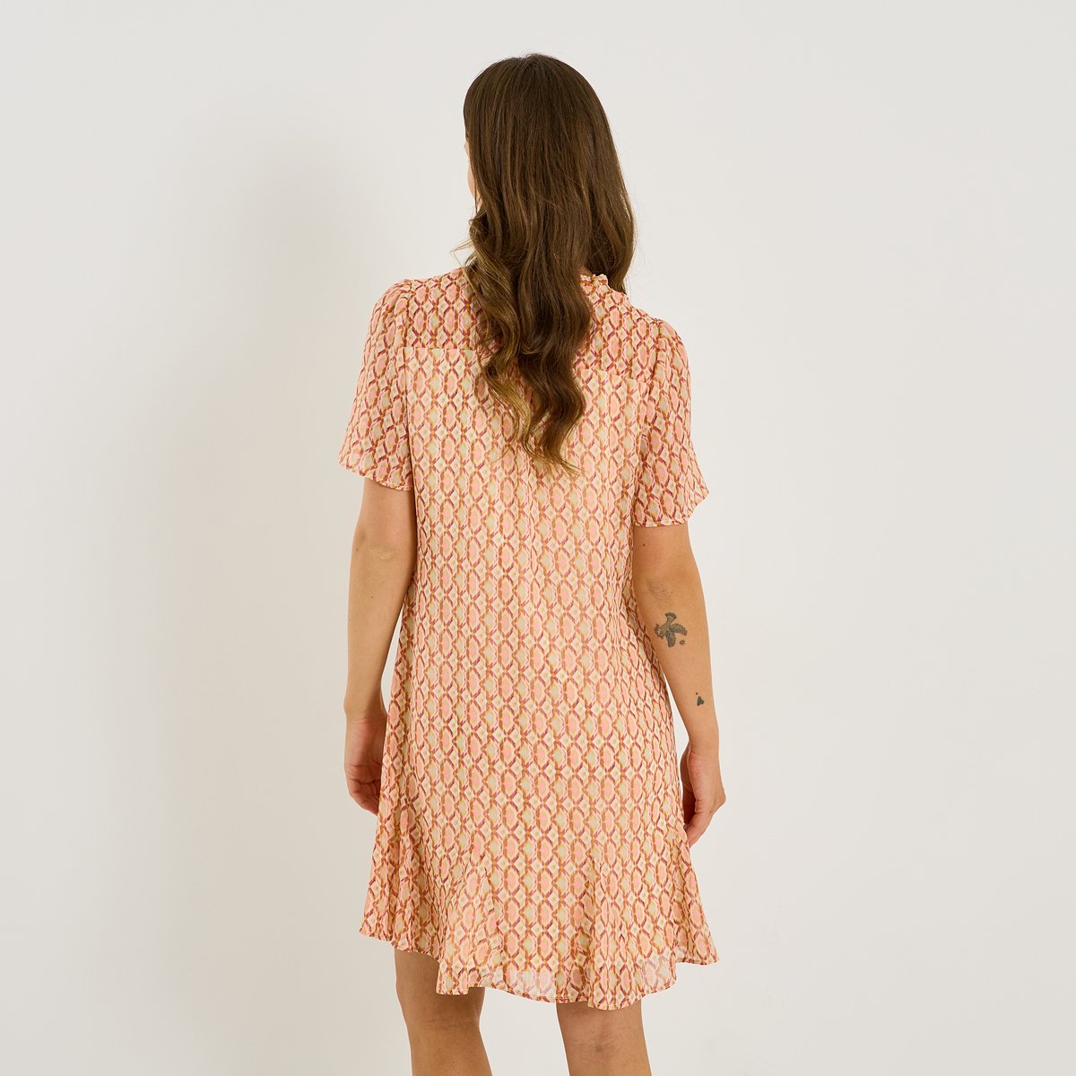 Robe courte trapèze imprimé géométrique rose, GRAIN DE MALICE