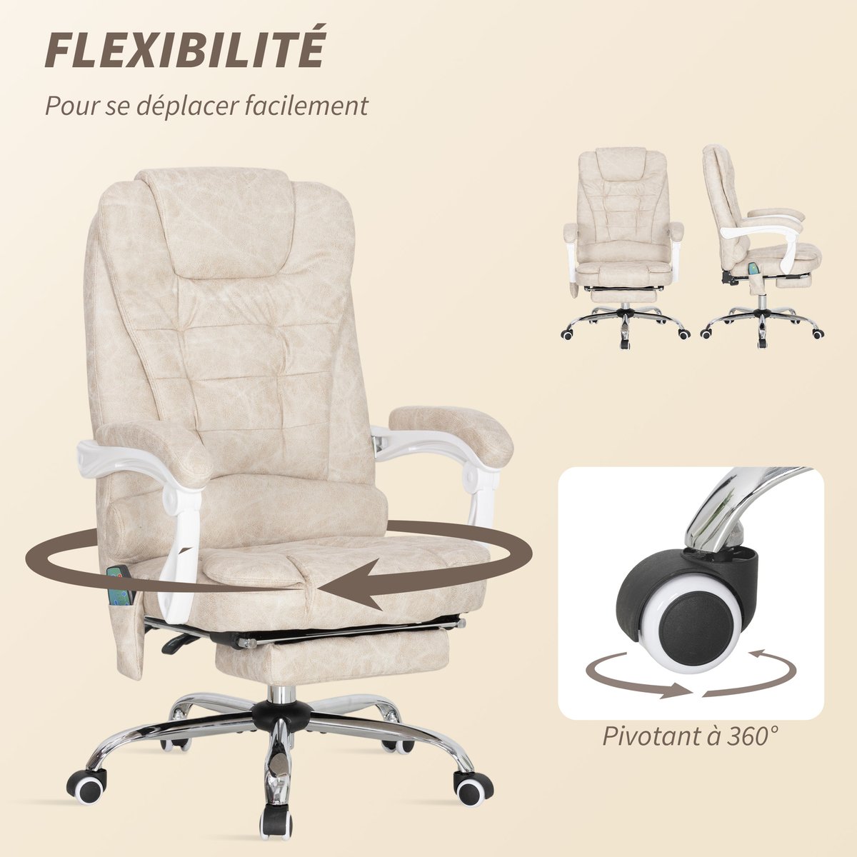 Fauteuil de bureau avec fonction massage crème, HOMCOM