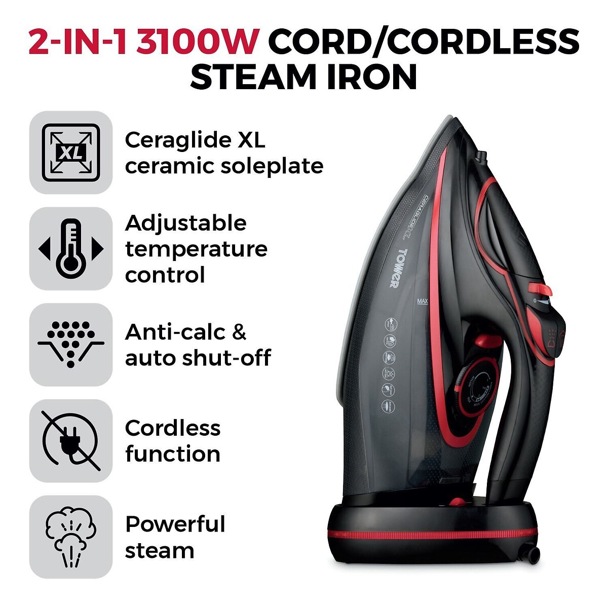 3100W Cord/Cordless Steam Iron - T22035 red, TOWER