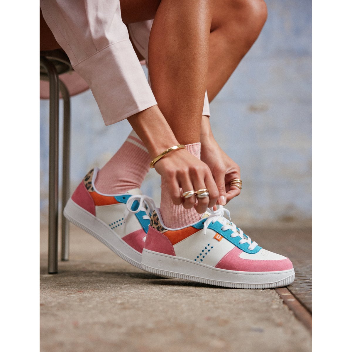 Baskets basses Maxence F rose turquoise orange, ODAJE