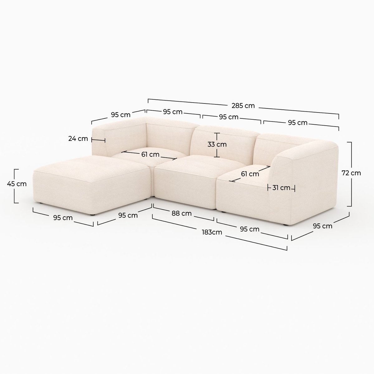 Canapé modulable en velours avec pouf - MINA blanc cassé, MAISON PAVANE
