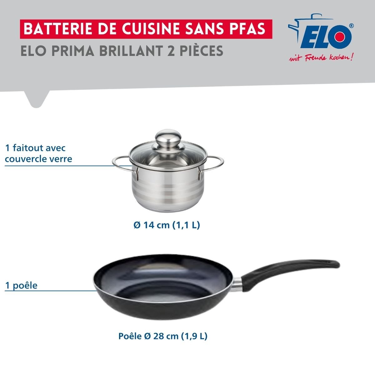 Batterie de cuisine 1 poêle 28cm + 1 faitout 14cm PRIMA BRILLANT noir, ELO