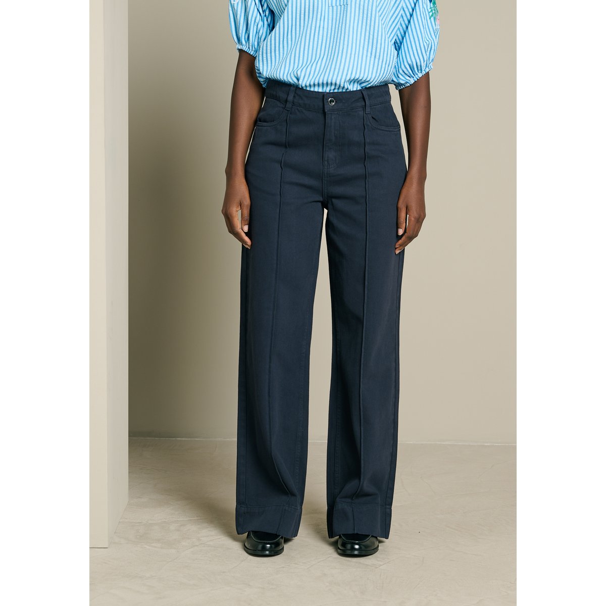Pantalon large surpiqûres bleu marine, LOLALIZA