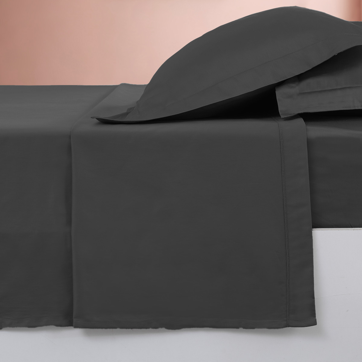 Parure drap plat + 2 taies 65x65 cm satin de coton VERSALUXE UNI anthracite, SENSEI MAISON