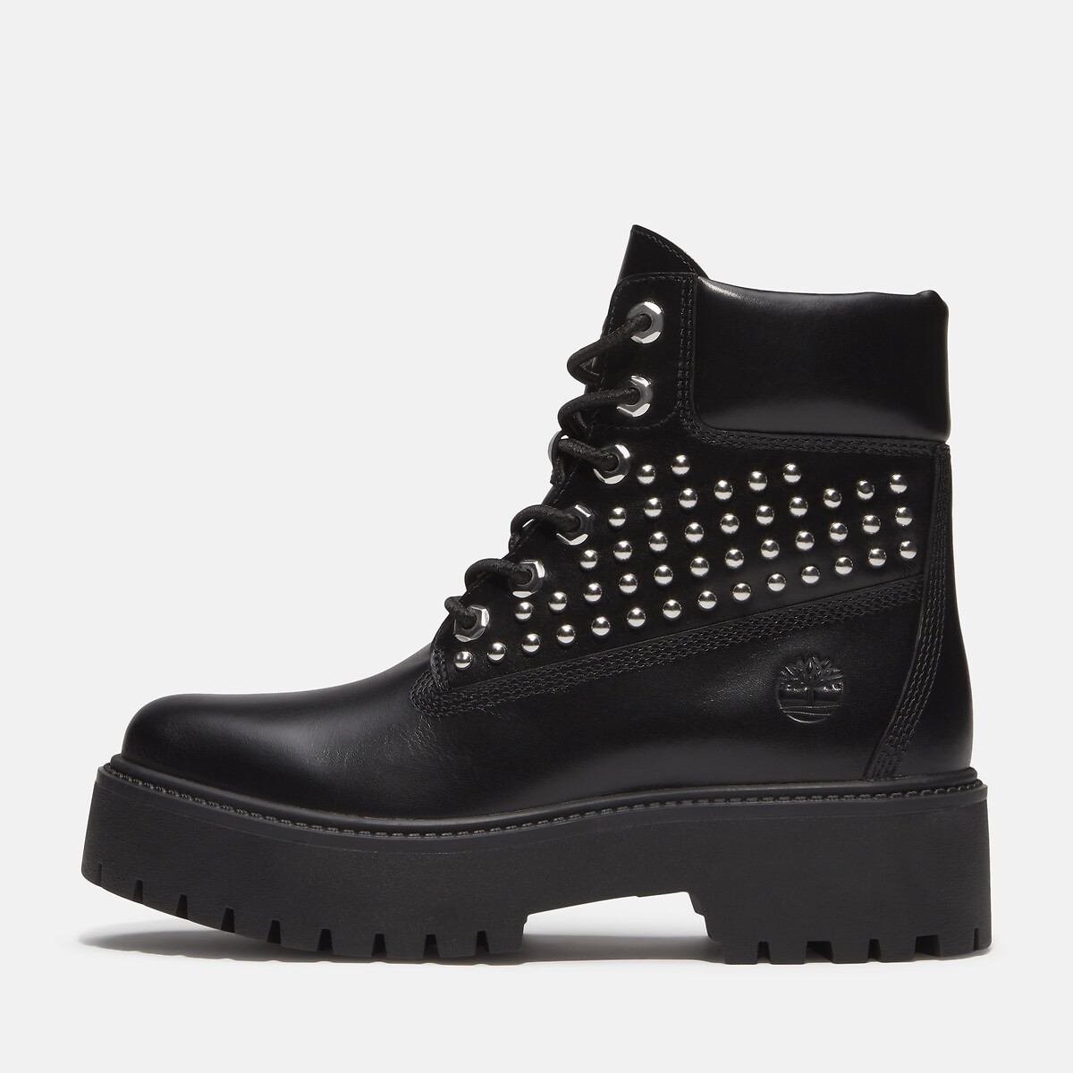 Stivaletti con zeppa e lacci, in pelle, con borchie, STONE STREET MID 6 INCH LACE nero , TIMBERLAND