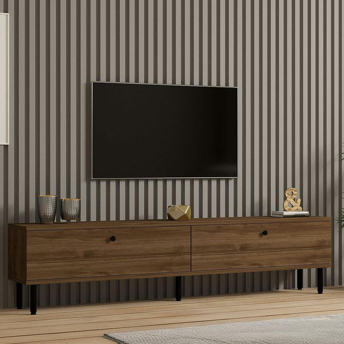 Meuble TV moderne 2 portes effet bois foncé JENA bois naturel, PIER IMPORT