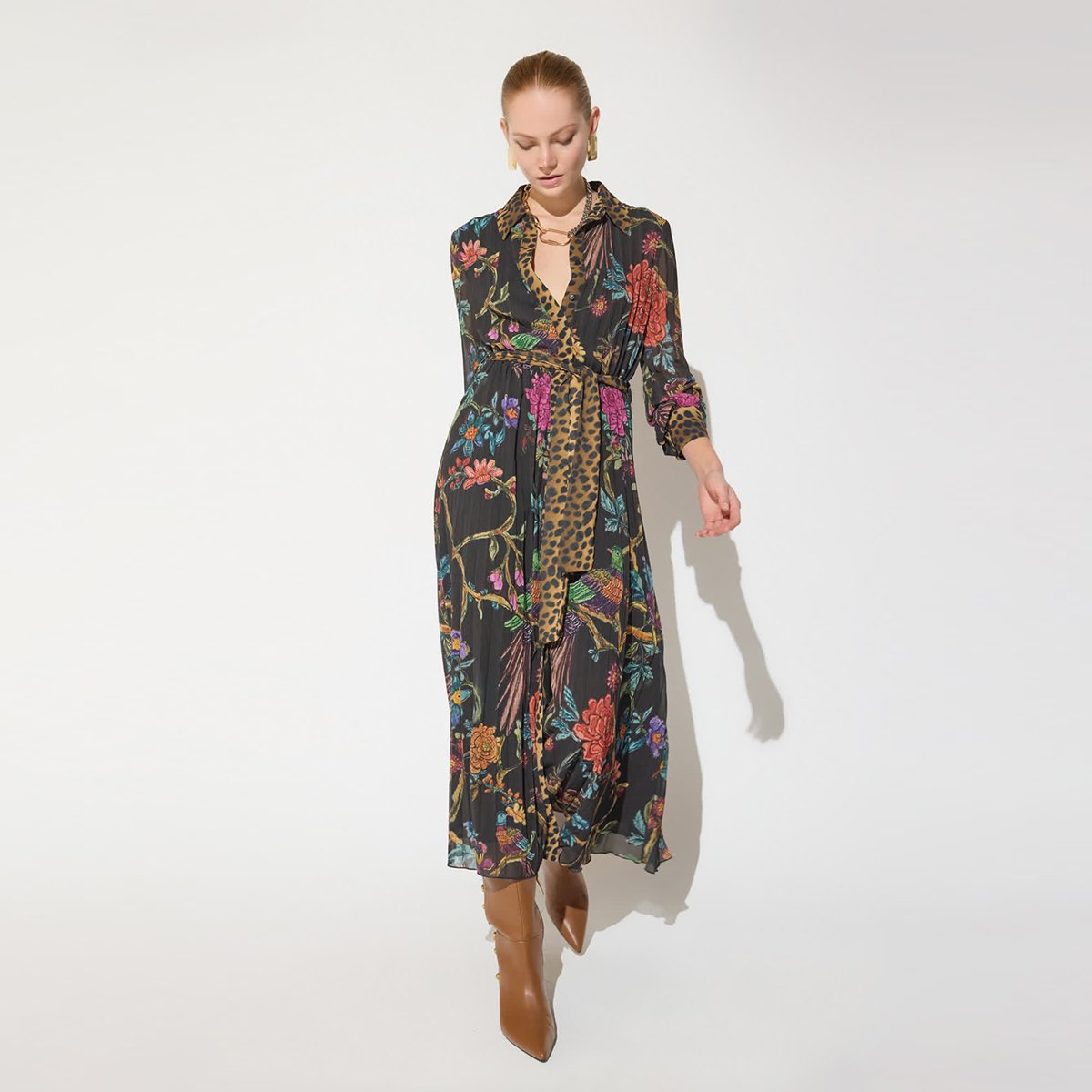 Robe midi plissée imprimée floral léopard marron foncé, LOLA CASADEMUNT