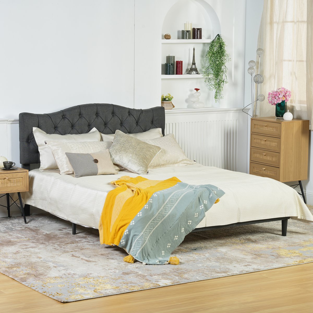 Lit double capitonné sans matelas sans rangement, LEON gris, MEUBLES COSY