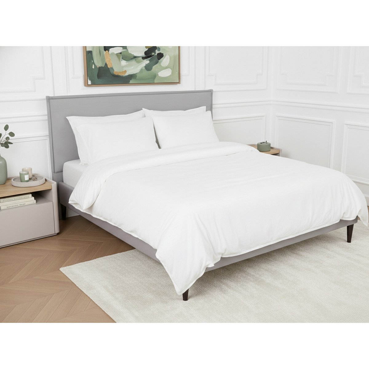 Lit bois revêtement tissu, SARY gris, BOBOCHIC