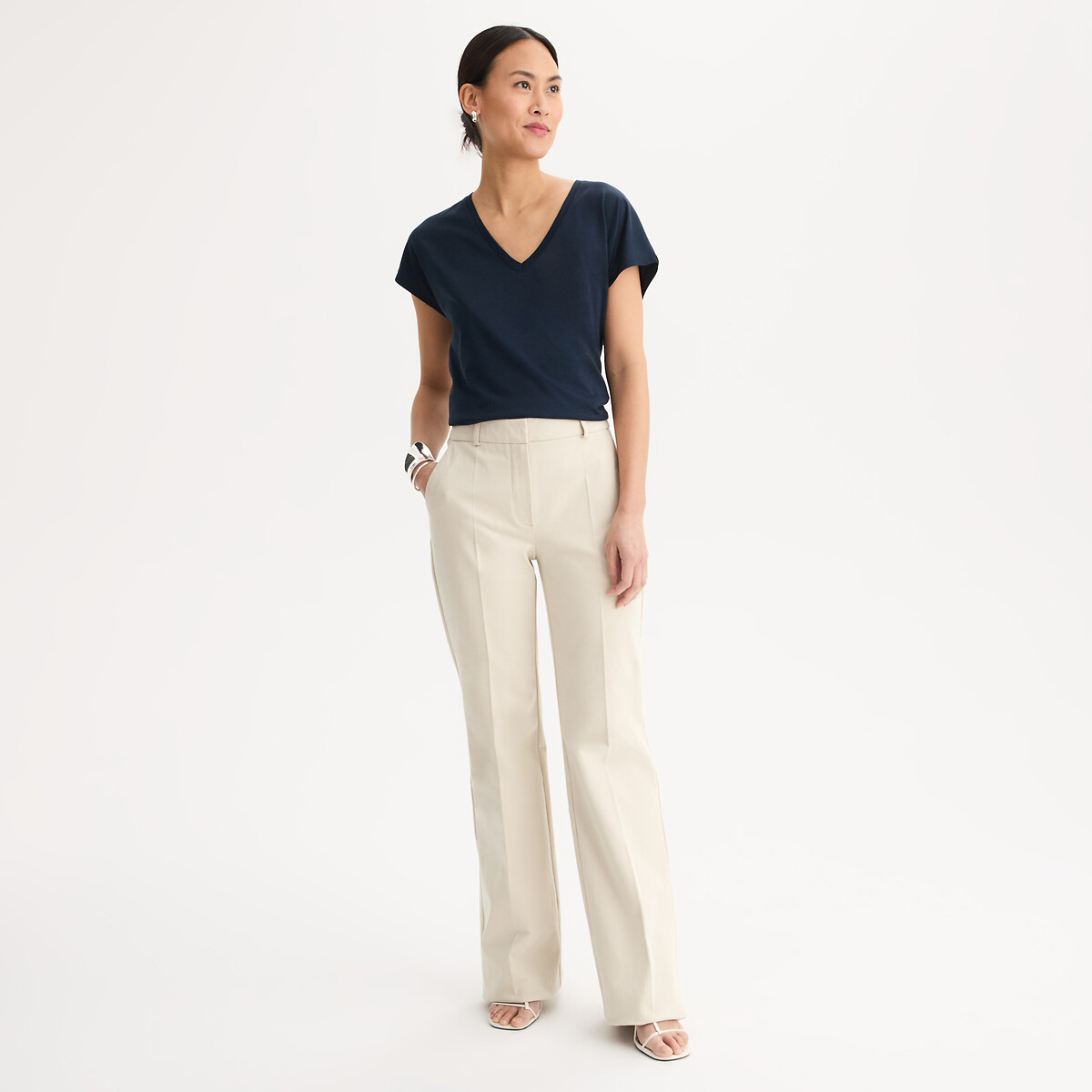 T-shirt col V, manches courtes bleu marine, ANNE WEYBURN