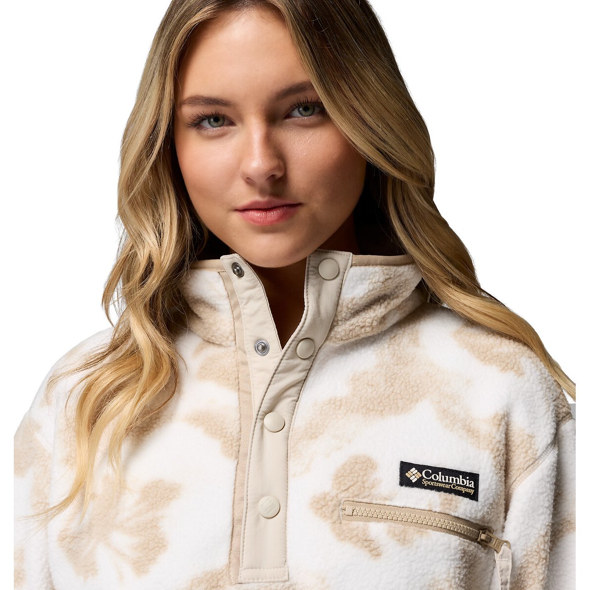Polaire Sherpa Courte Semi-Boutonnée en Helvetia imprimé beige, COLUMBIA