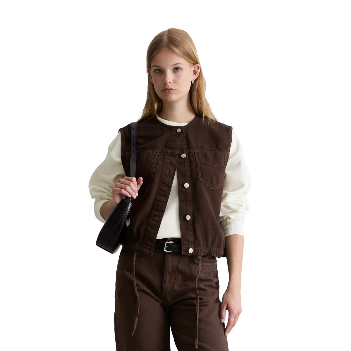 Gilet en jean boxy en mélange de coton organique et de lyocell marron foncé, MARC O’POLO DENIM