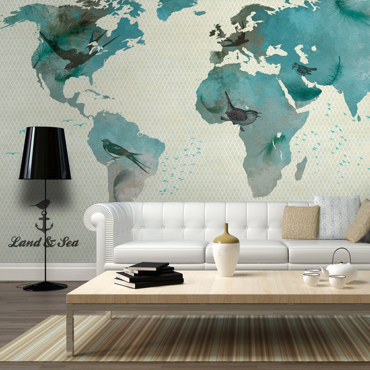 Papier peint intissé panoramique Carte du monde A Bird's World gris / argent, EDEN