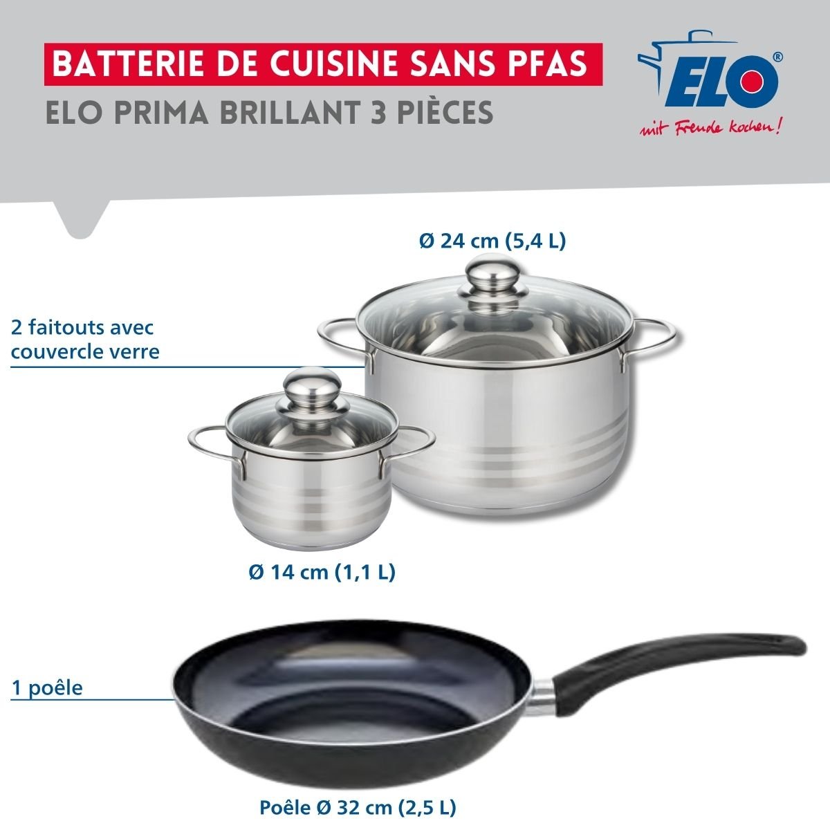 Batterie 1 poêle 32cm + 2 faitouts 14/24cm PRIMA BRILLANT noir, ELO