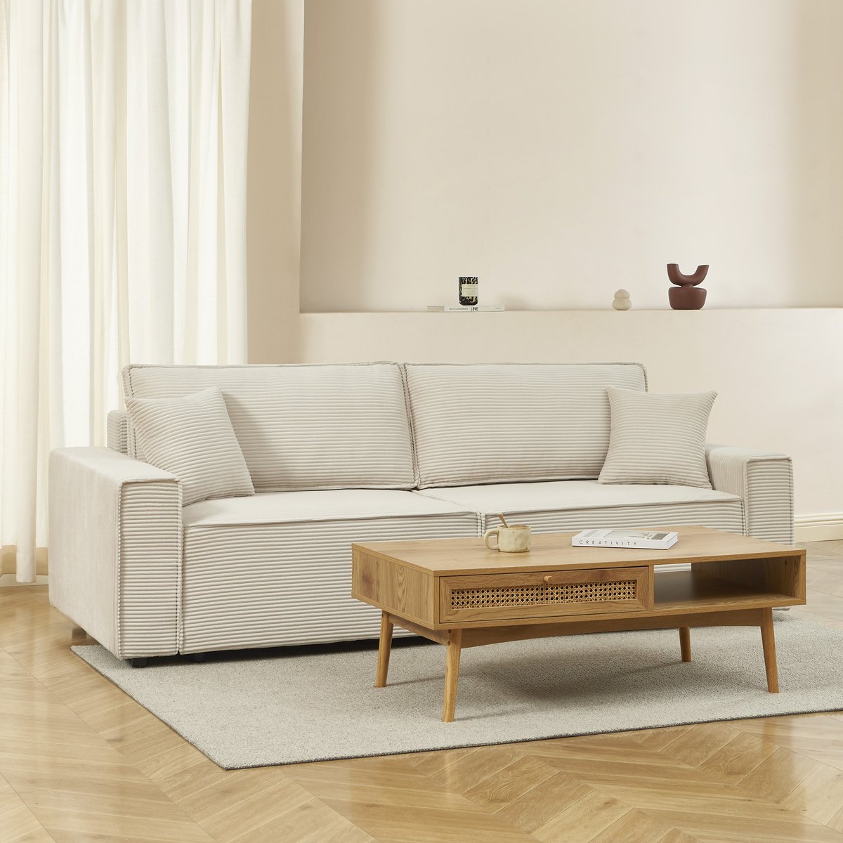 Canapé droit convertible velours  ZOLA beige, BAÏTA