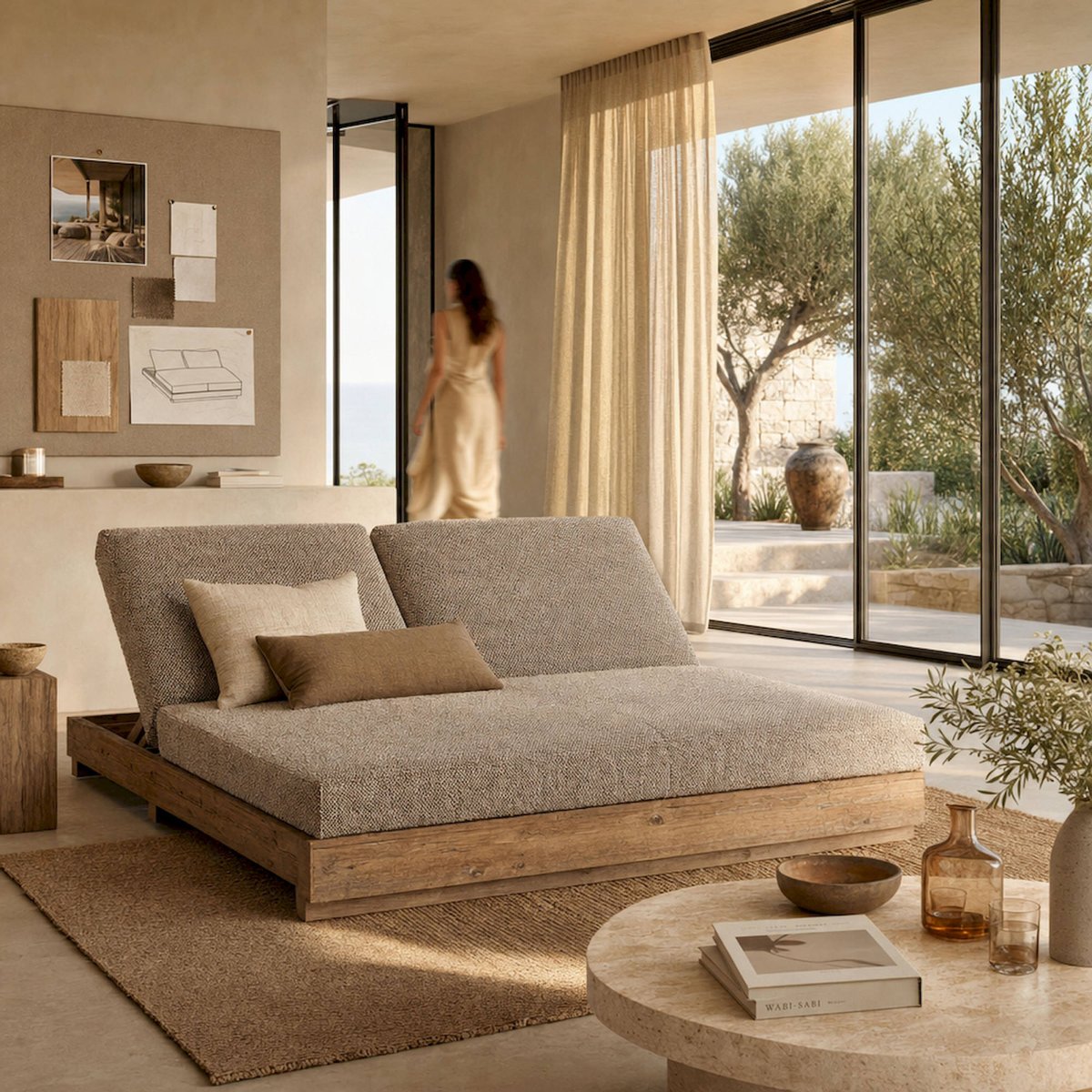 Bain de soleil double S.PURE en teck beige et marron naturel, RECOLLECTION