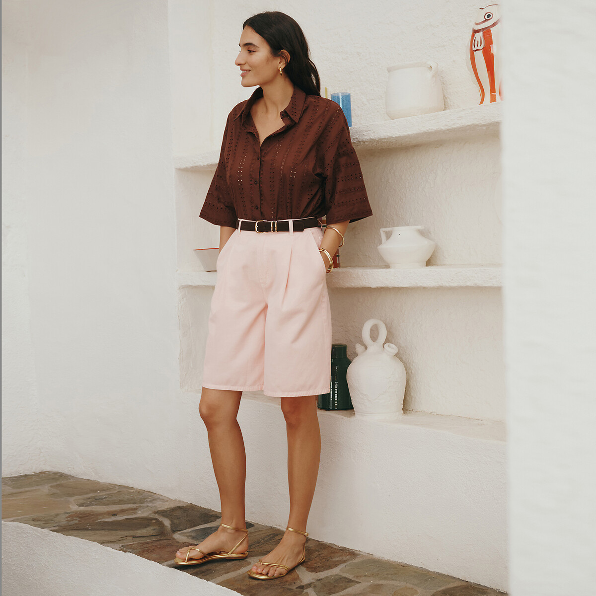 Bermuda con pinces in cotone e lyocell rosa rigato marine, LA REDOUTE COLLECTIONS