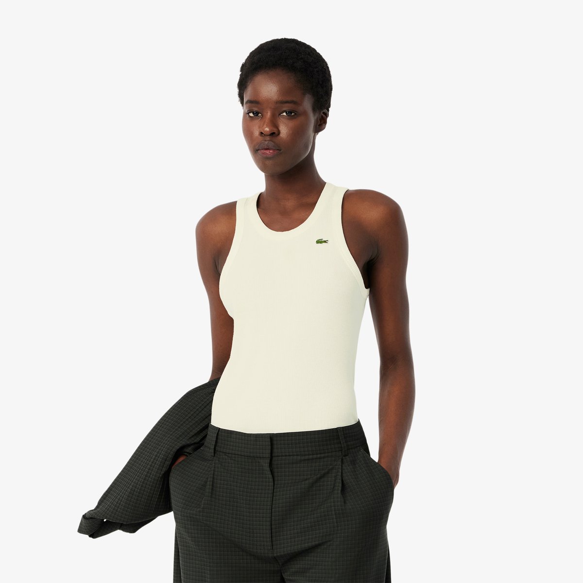 Débardeur slim fit coton côtelé blanc-70v, LACOSTE
