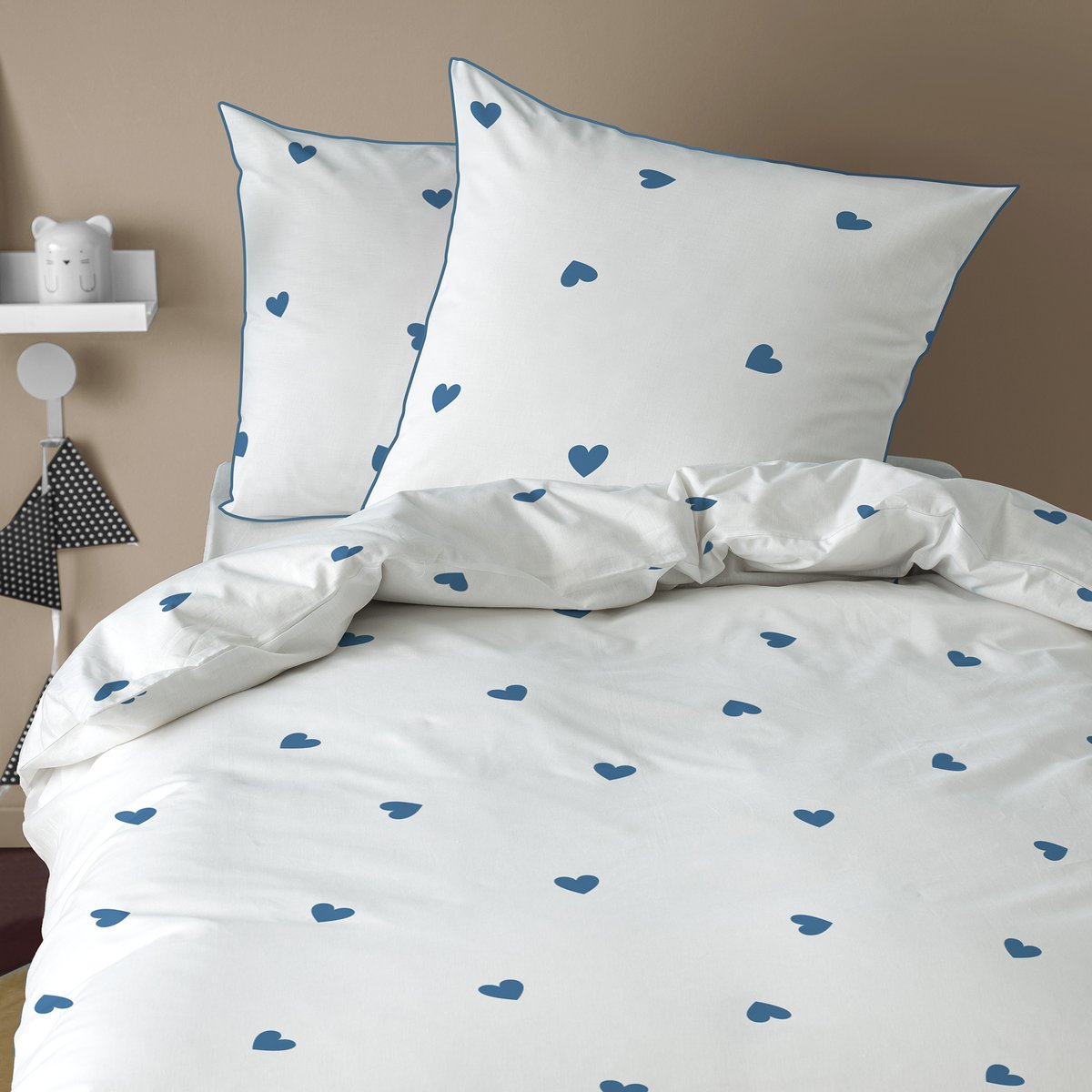 Parure de lit imprimée 100% coton, PLUIE DE COEURS blanc, bleu, MATT ET ROSE