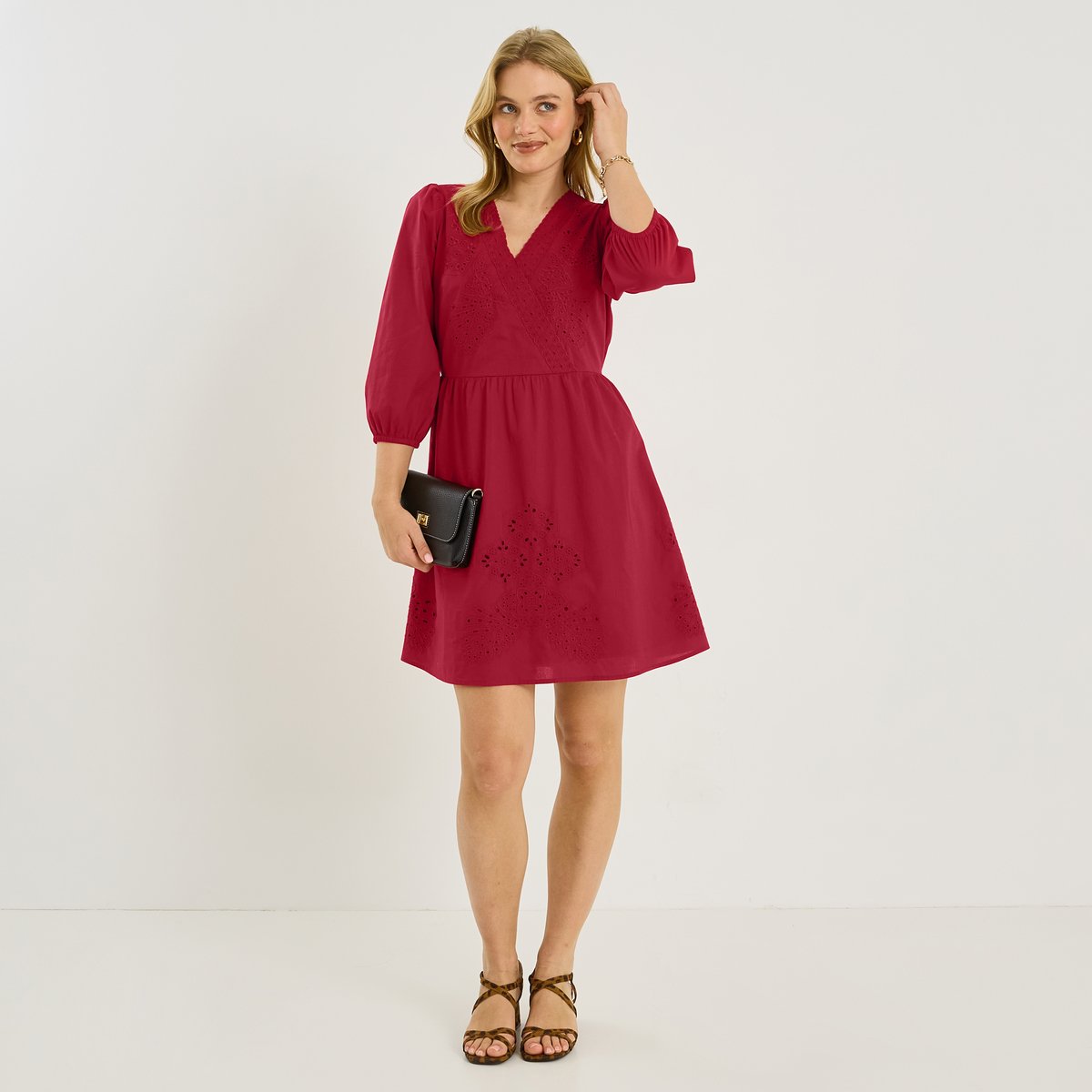 Robe courte broderie anglaise col V orange rouge, GRAIN DE MALICE