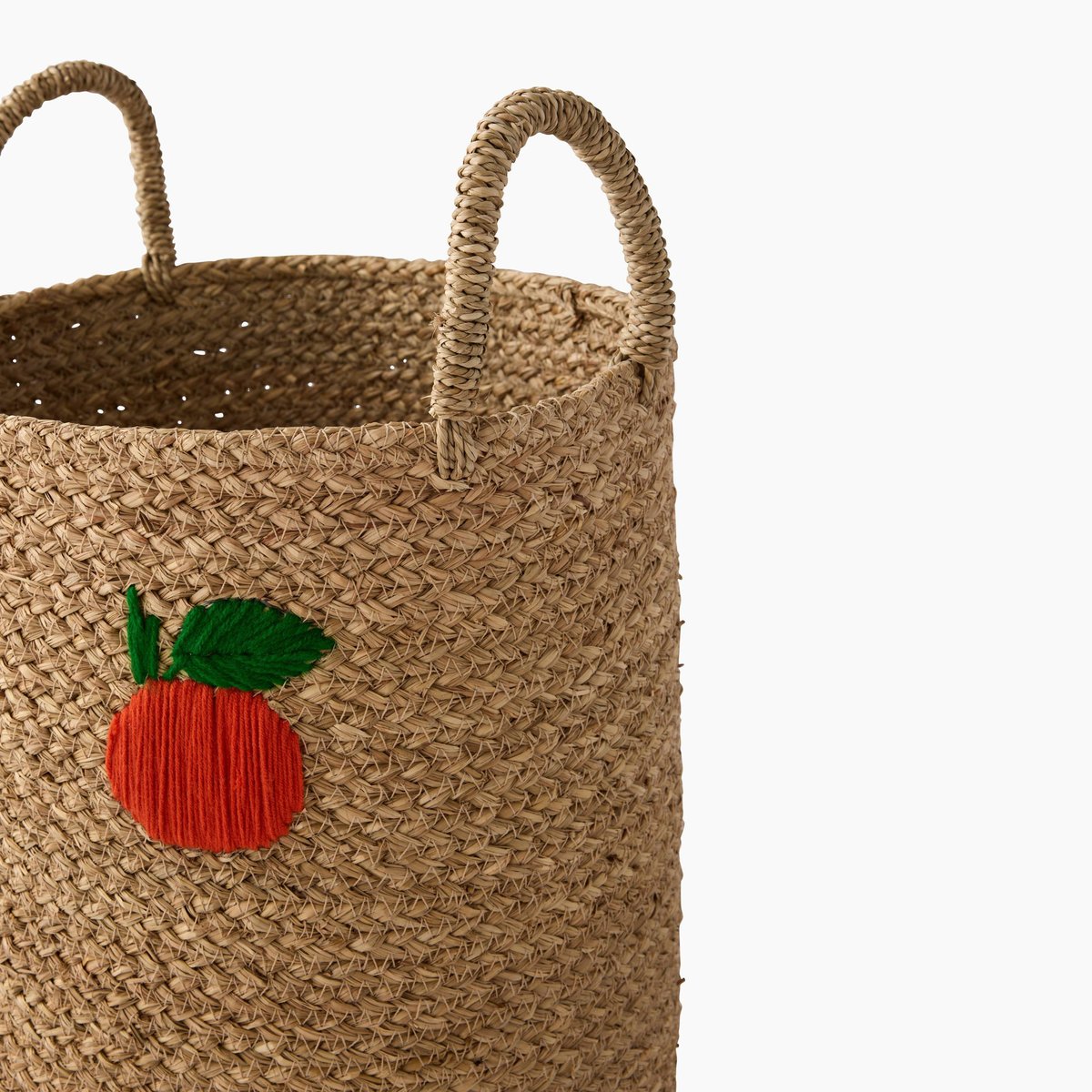 Panier tressé avec broderie pêche, D35 x H55, en jonc de mer white cap melange, MONOPRIX