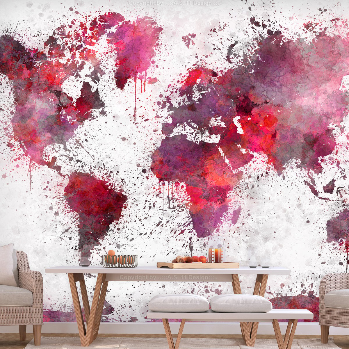 Papier peint intissé panoramique Carte du monde World Map: Red Watercolors rouge, EDEN