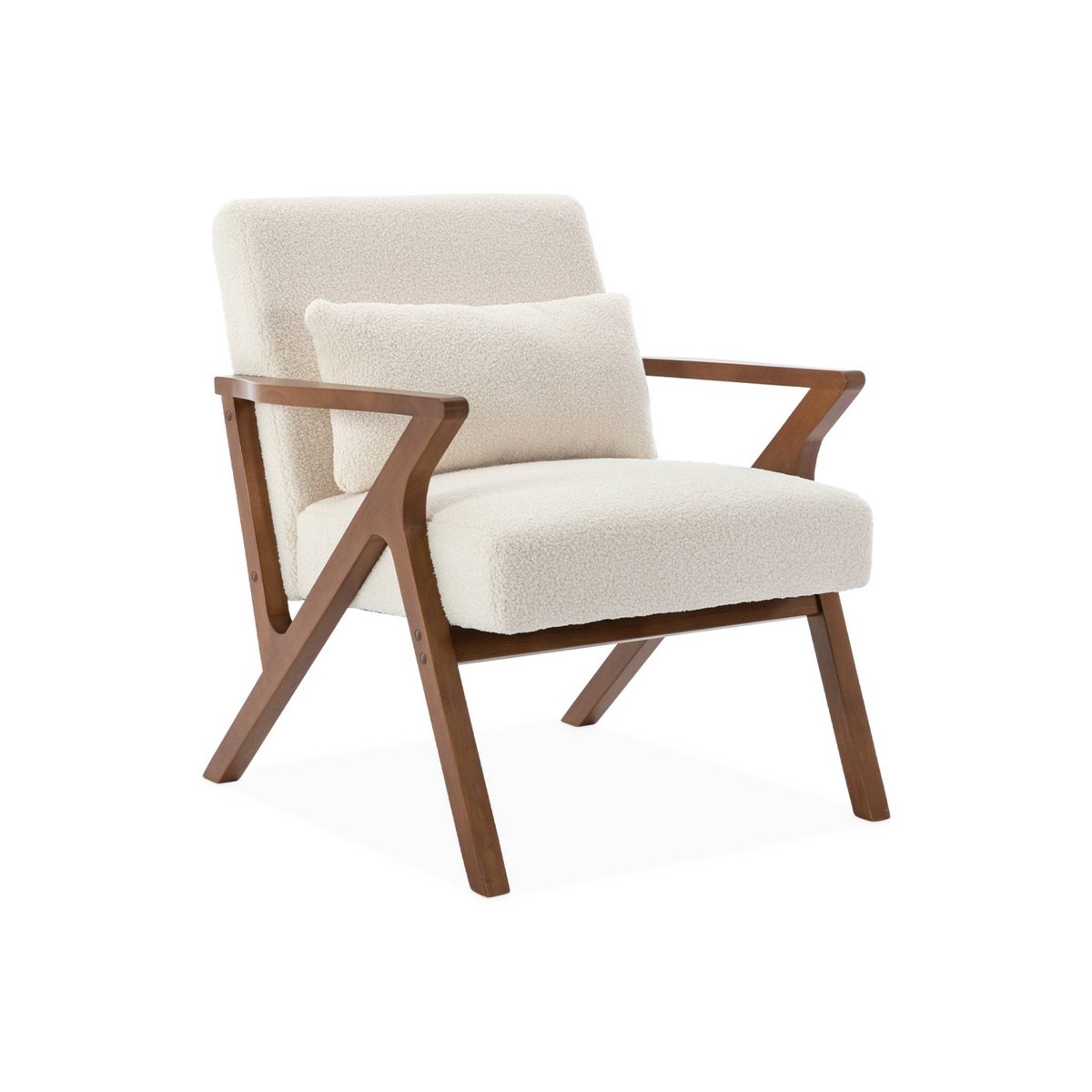 Fauteuil scandinave bois d'hévéa et bouclette ANTOINE crème, SWEEEK