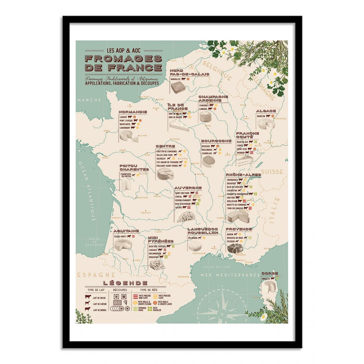 Affiche d'art - Carte des fromages de France - Frog Posters affiche d'art avec cadre bois noir, WALL EDITIONS