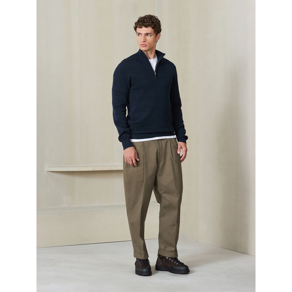 Pull à col zippé et carreaux texturés bleu marine, NEXT