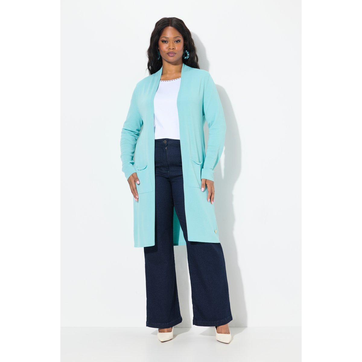 Cardigan long à col montant. Coupe ouverte turquoise clair, ULLA POPKEN