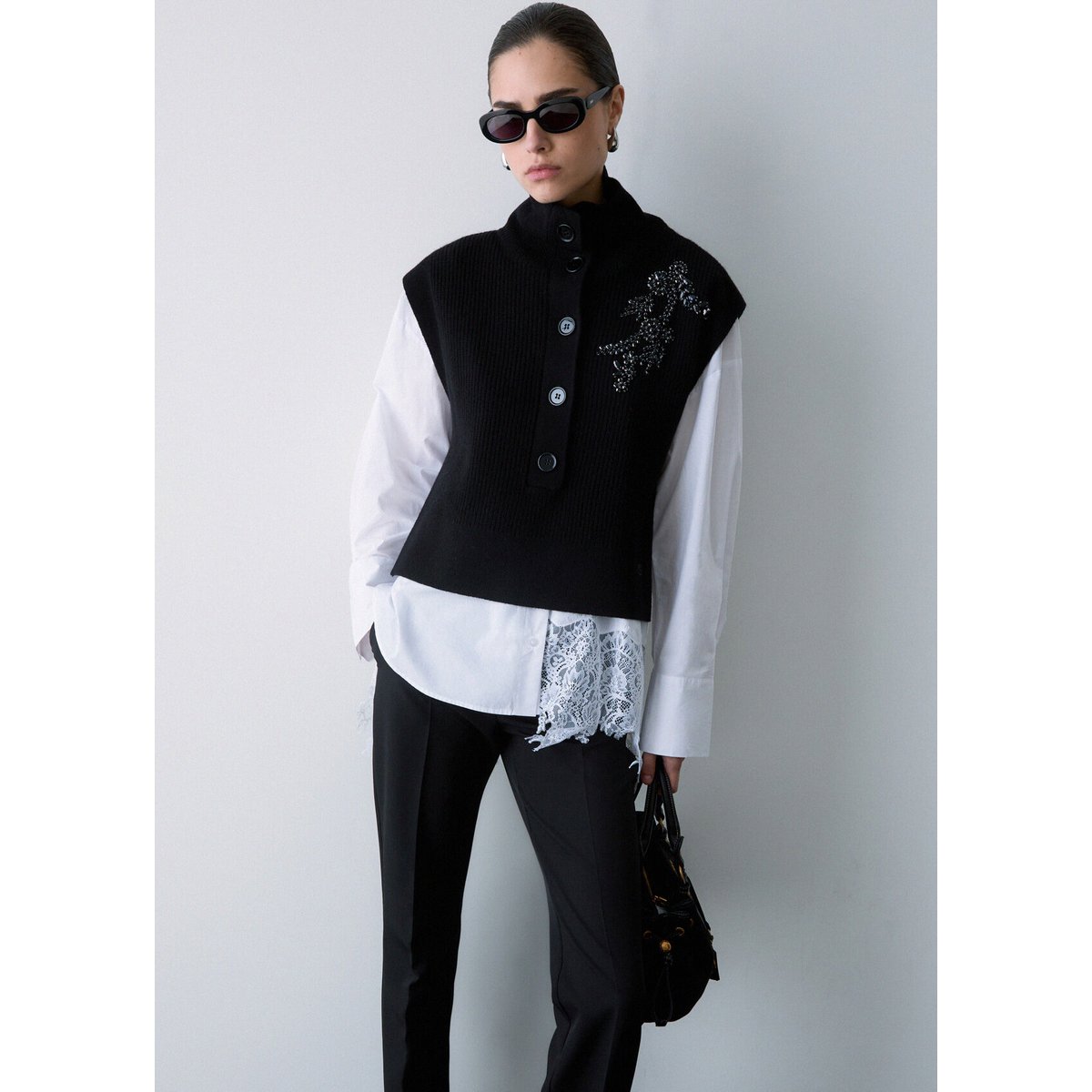 Gilet en laine avec broderie bijou noir, LIU JO