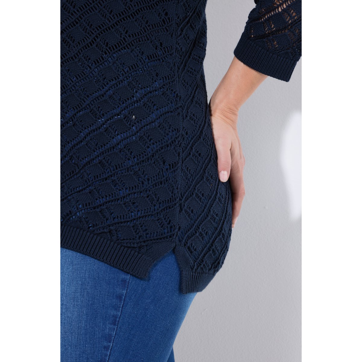 Pull maille ajourée motif filet marine, ULLA POPKEN