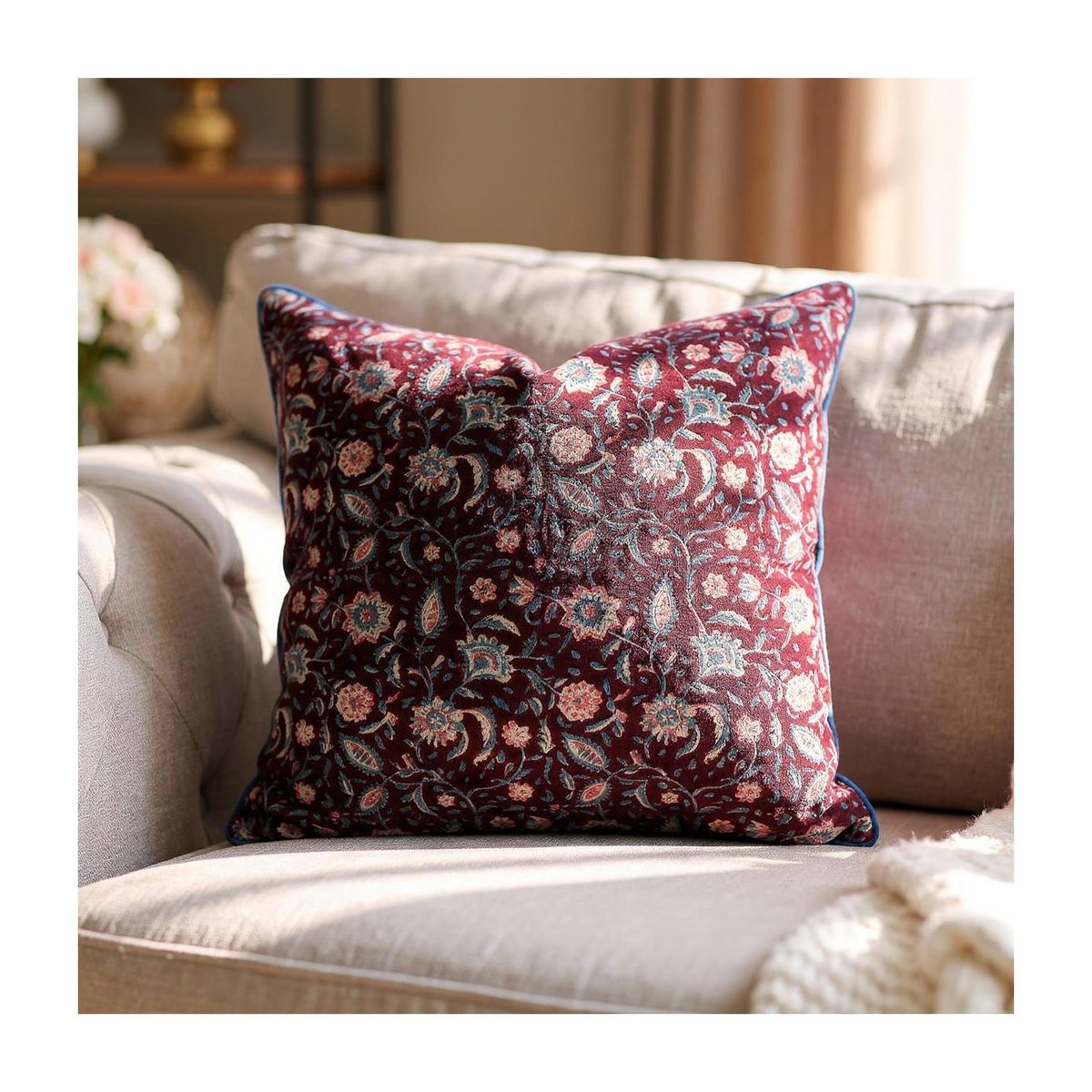 Housse de coussin Rukmani bordeaux, bleu, crème, ARCHIV