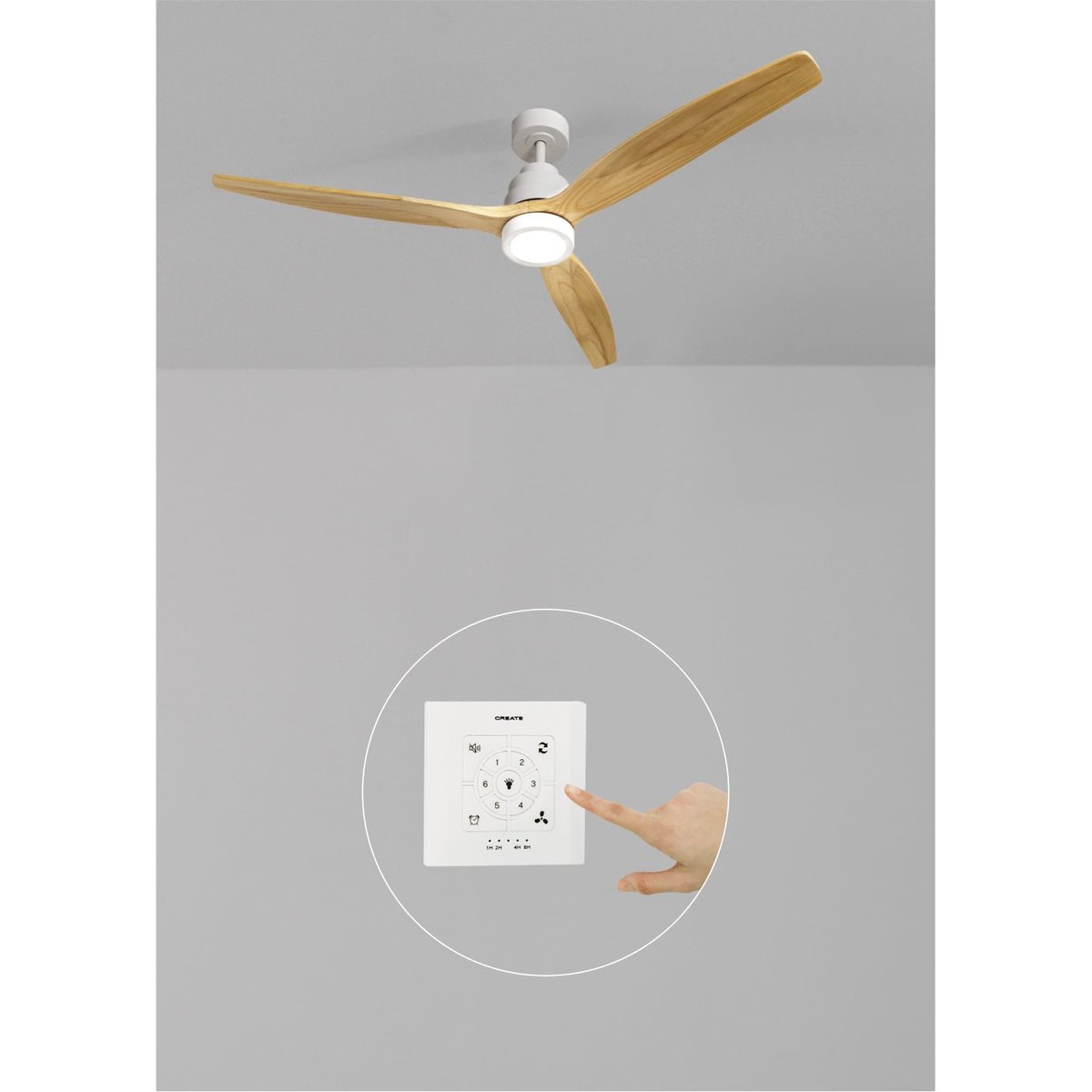 Ventilateur de plafond 40W  avec lumière avec contrôleur mural WIND STYLANCE NATURAL WOOD blanc/bois naturel, CREATE