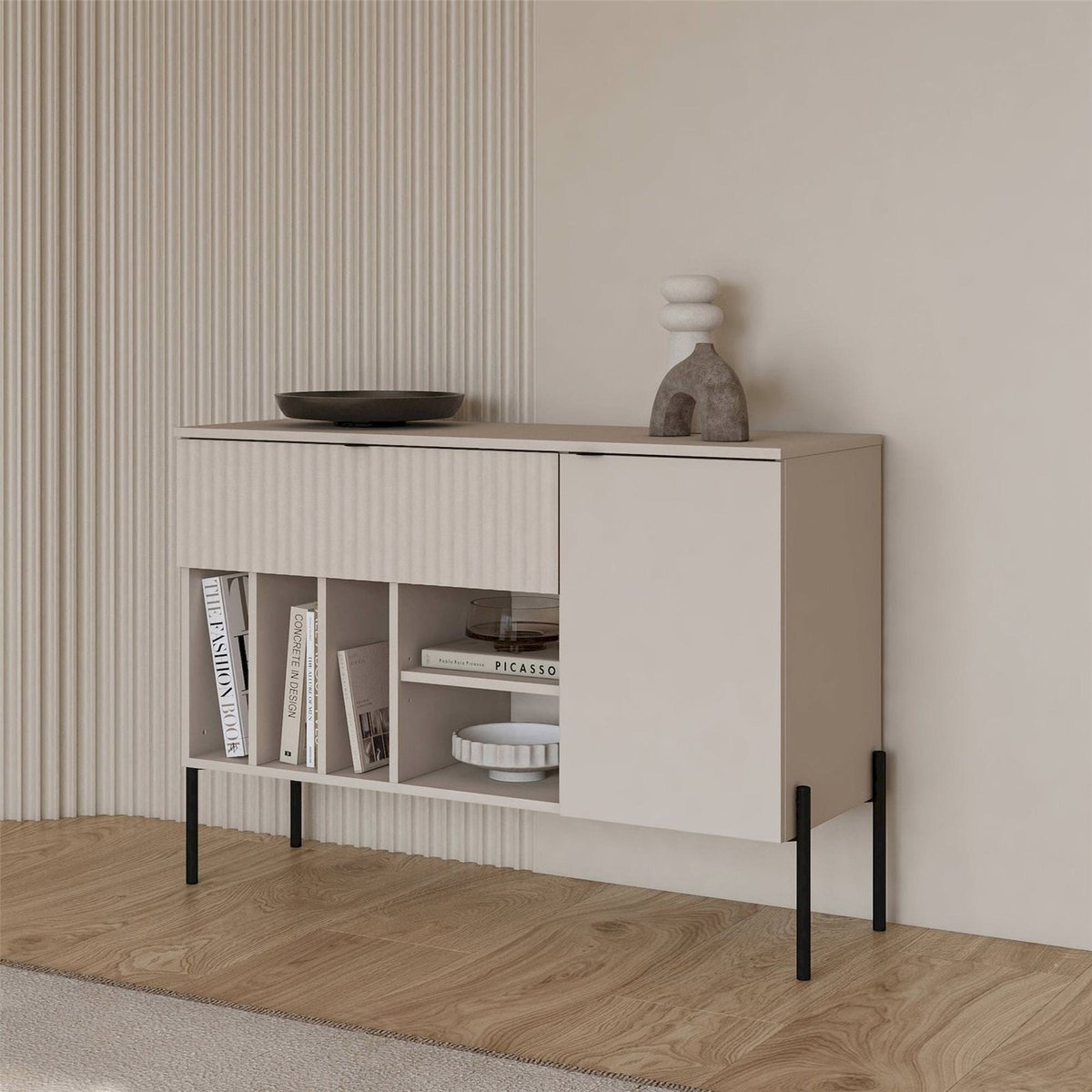 Commode asymétrique tiroir et porte ORE cachemire, RECOLLECTION