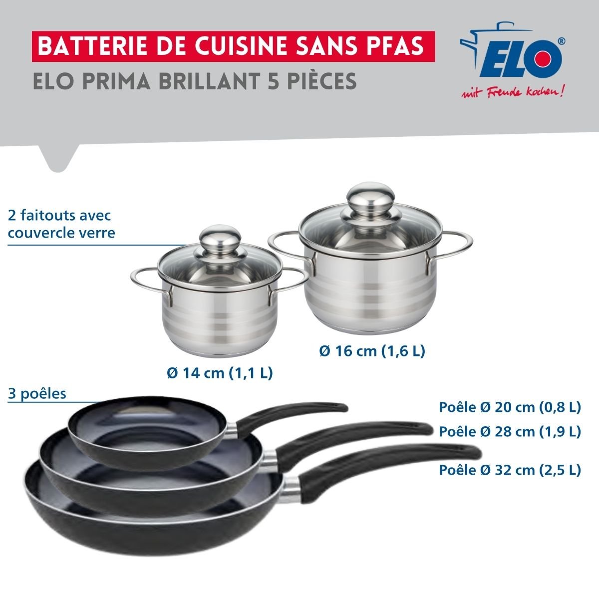 Batterie 3 poêles 20/28/32cm + 2 faitouts 14/16cm PRIMA BRILLANT noir, ELO