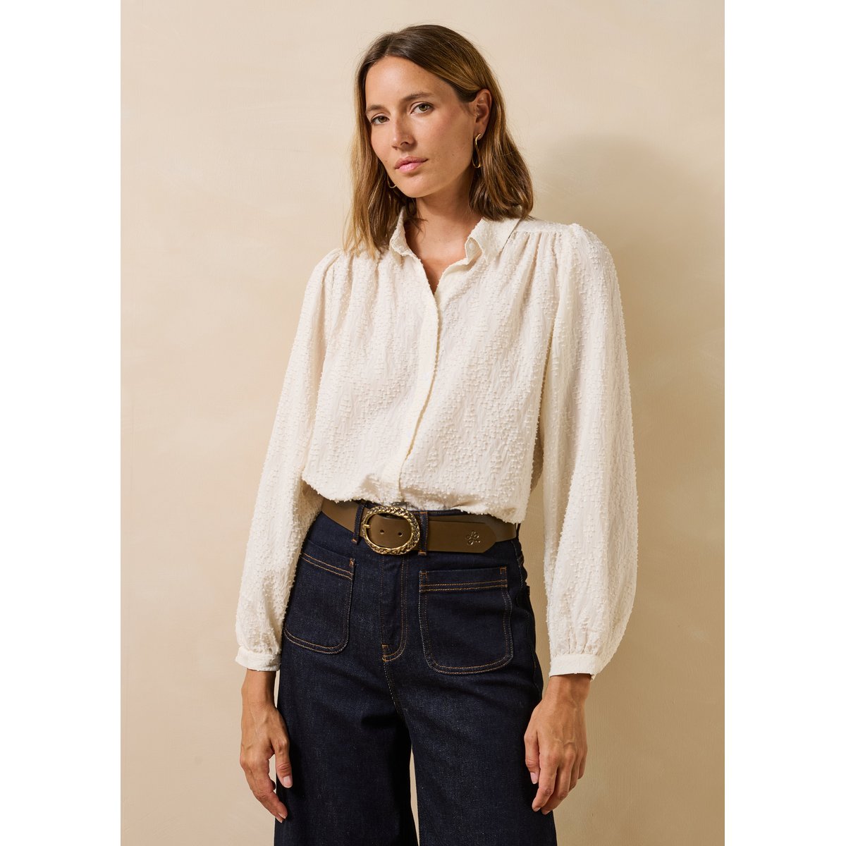 Chemise en jacquard manches longues craie, LA FEE MARABOUTEE