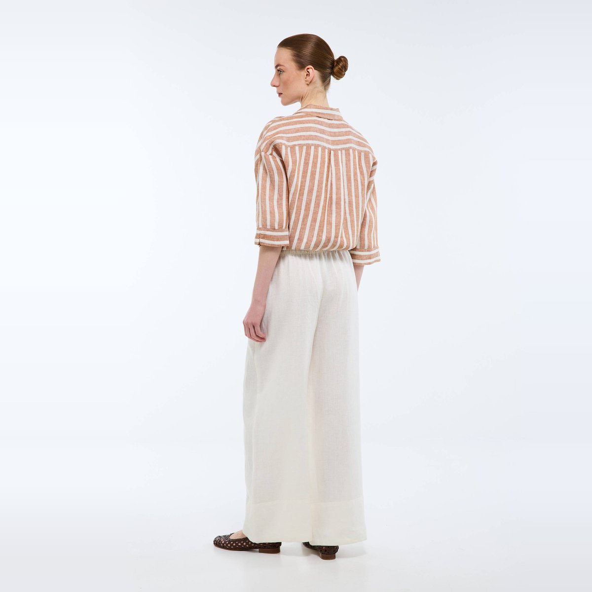 Pantalon large à taille élastiquée en lin ecru, MONOPRIX