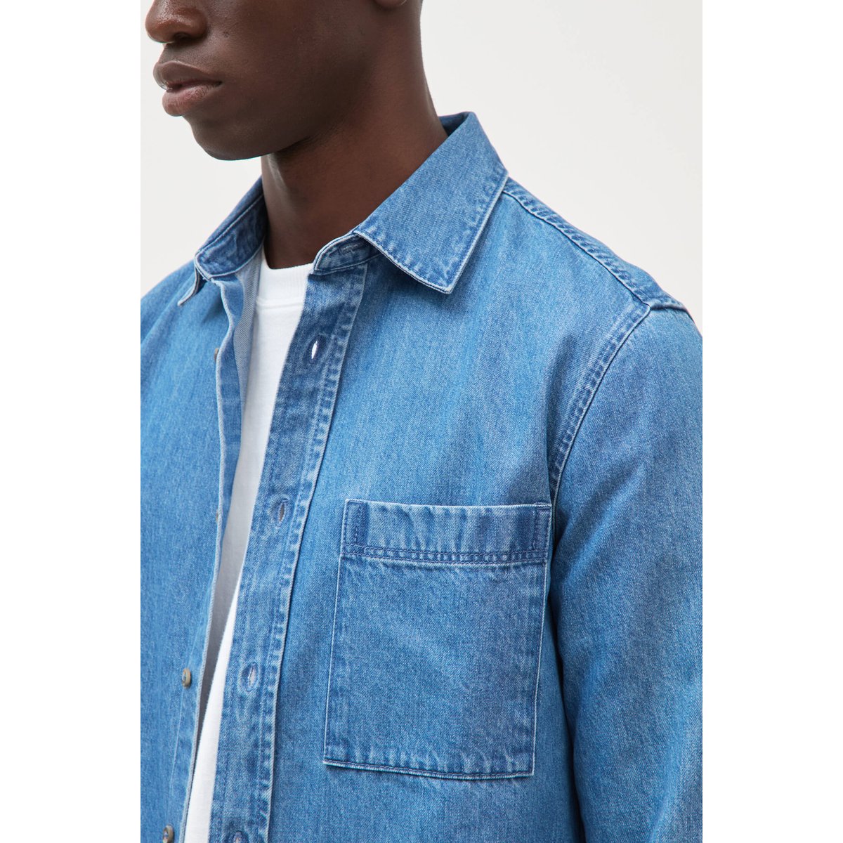 Chemise col américain manches longues denim stone, BONOBO