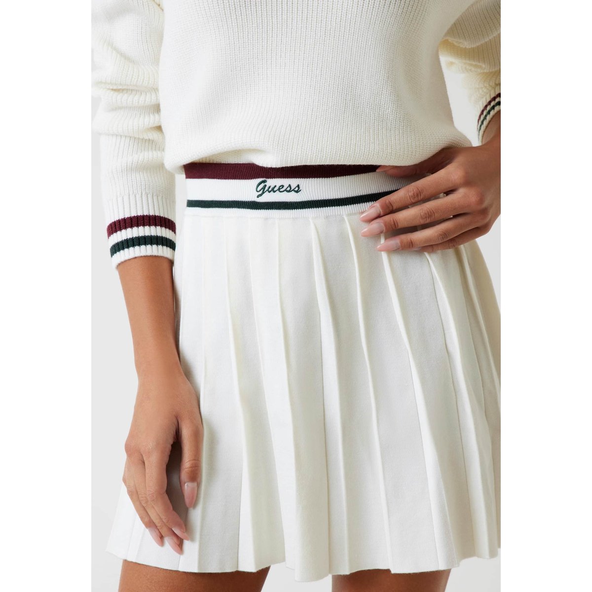 Mini-Jupe Plissée Laine Mélangée crème, GUESS
