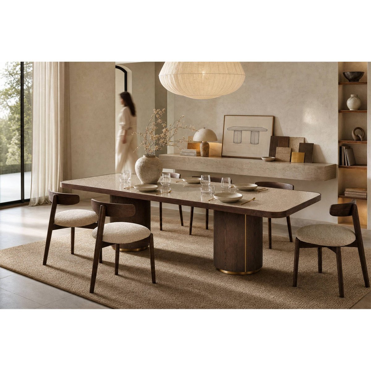 Table à manger chêne et verre, WILLOX beige et marron bois, RECOLLECTION