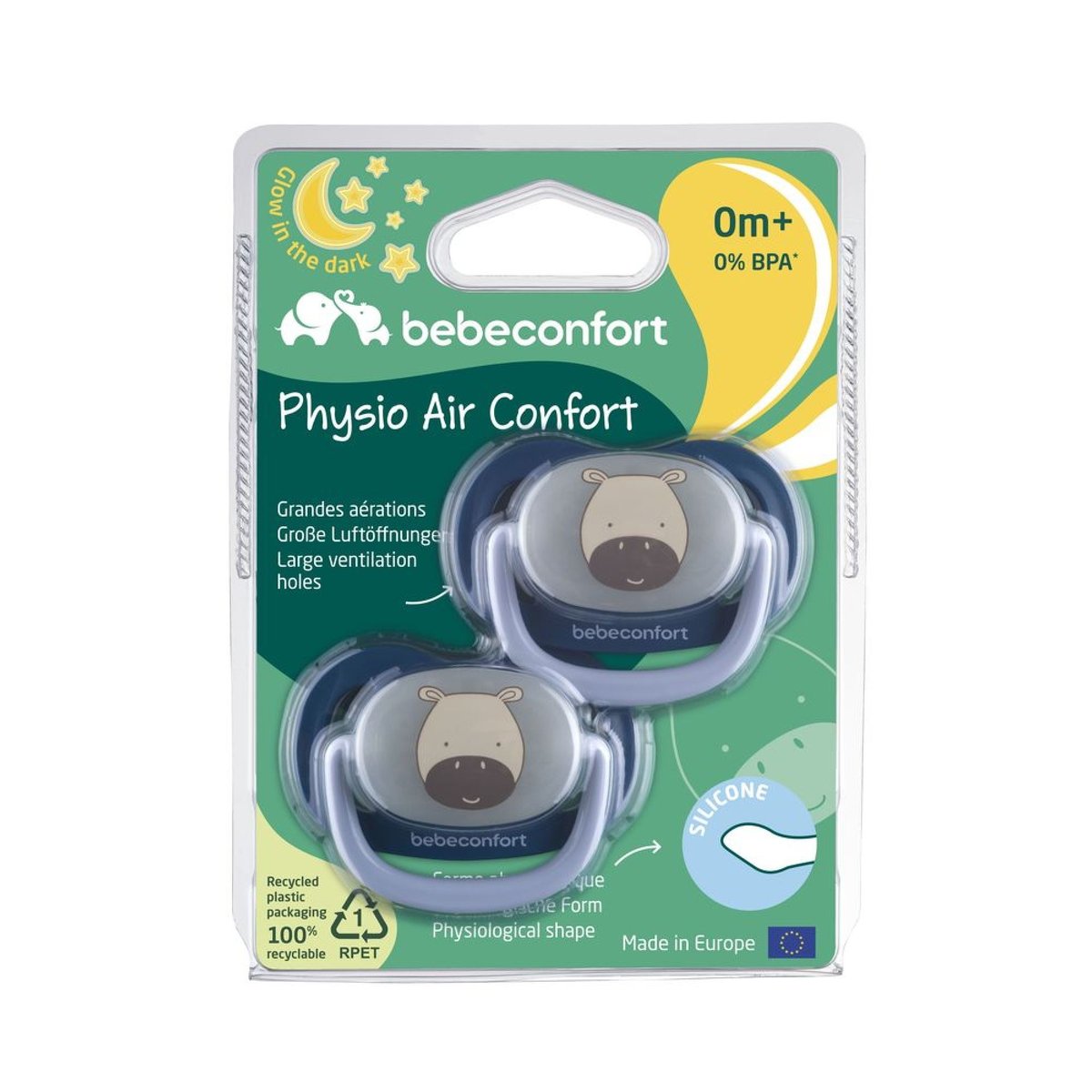 Lot de 2 sucettes physiologiques phosphorescentes Air Confort 0-6 mois Dark blue couleur unique, BEBECONFORT