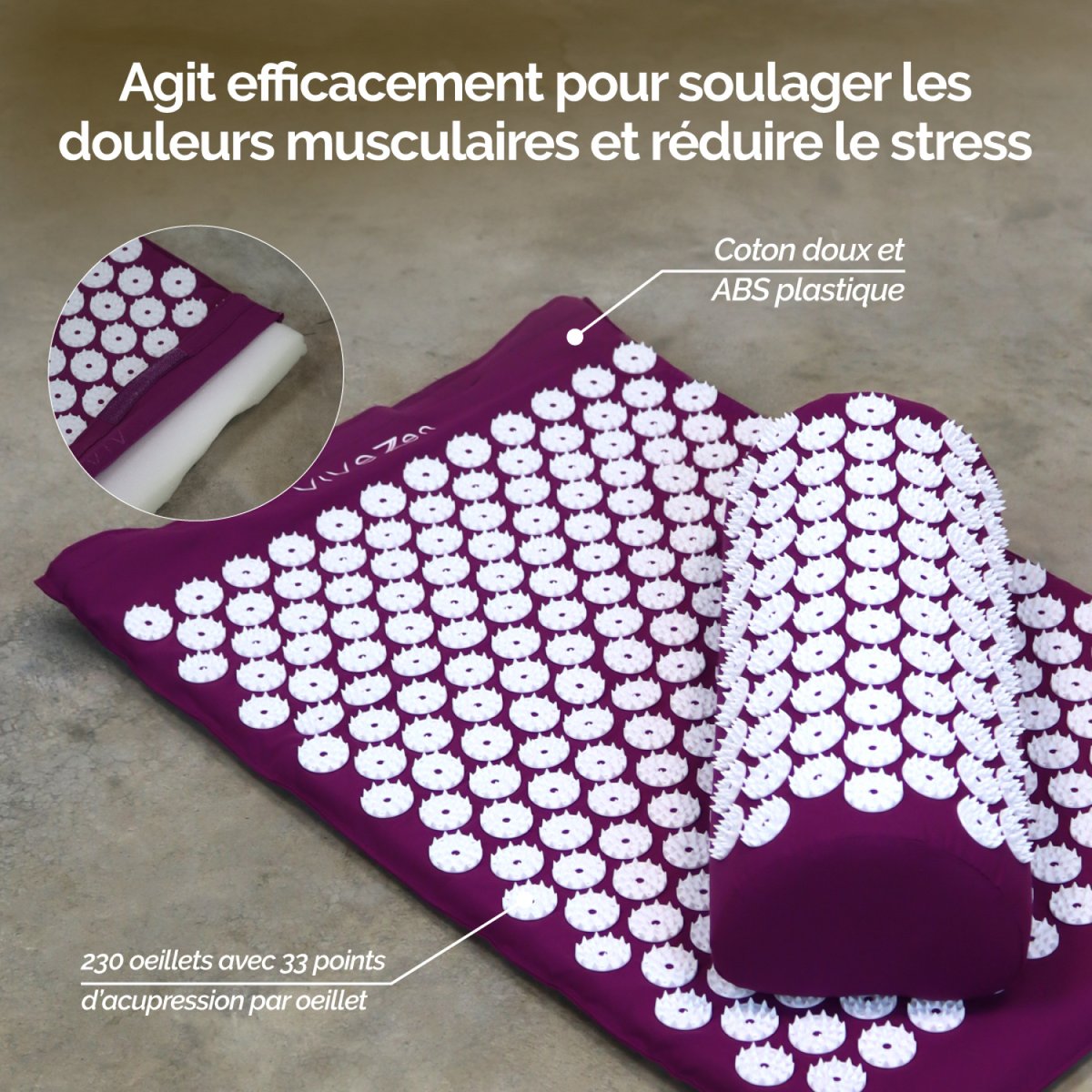 Tapis et coussin d'acupression + sac de transport prune, VIVEZEN