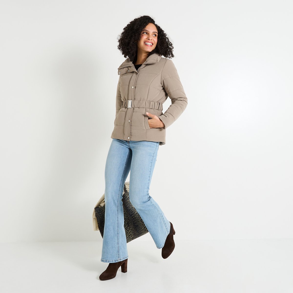 Doudoune courte ceinturée beige greige, GRAIN DE MALICE