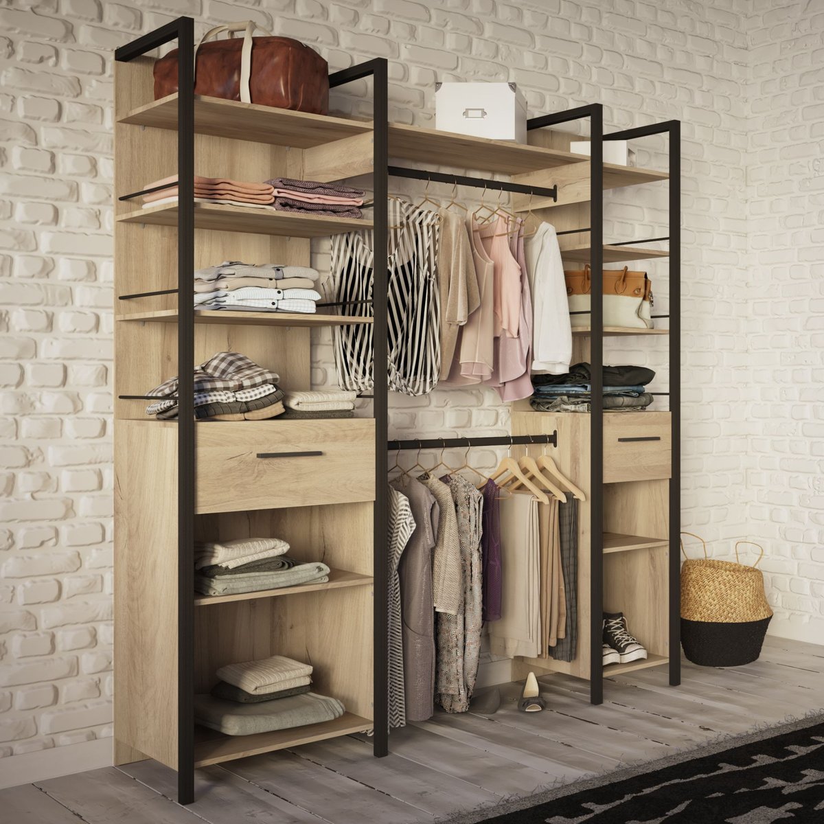 Dressing ouvert avec étagères et tiroirs bois clair, TERRE DE NUIT