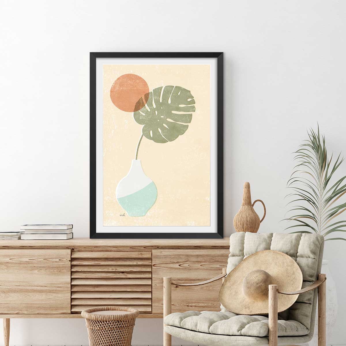 Affiche Monstera blush affiche + cadre en bois - noir, HEXOA